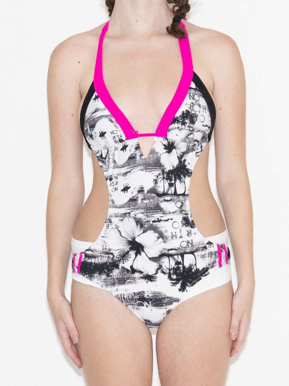 Y2k graphic monokini hot pink trim one piece swimsuit ocean pacific medium